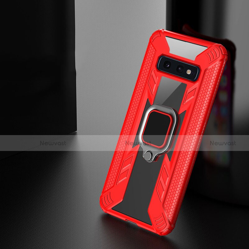 Silicone Matte Finish and Plastic Back Cover Case with Magnetic Finger Ring Stand R03 for Samsung Galaxy S10e Red