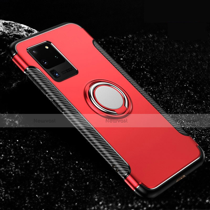 Silicone Matte Finish and Plastic Back Cover Case with Magnetic Finger Ring Stand R03 for Samsung Galaxy S20 Ultra 5G Red