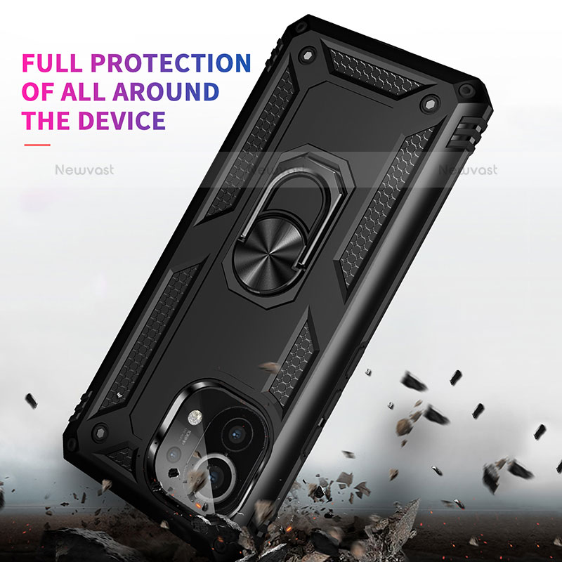 Silicone Matte Finish and Plastic Back Cover Case with Magnetic Finger Ring Stand R03 for Xiaomi Mi 11 5G