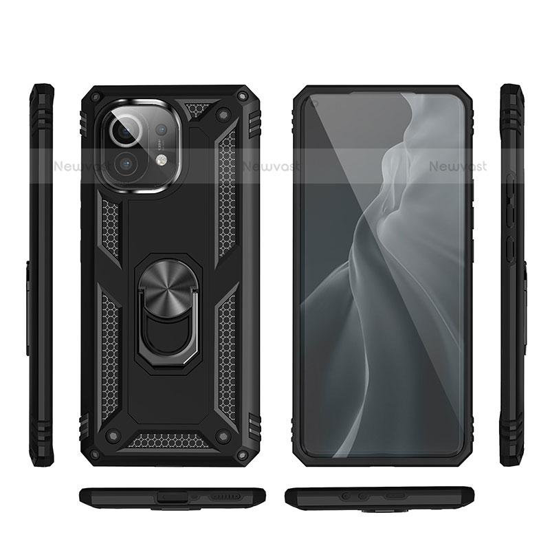 Silicone Matte Finish and Plastic Back Cover Case with Magnetic Finger Ring Stand R03 for Xiaomi Mi 11 5G Black