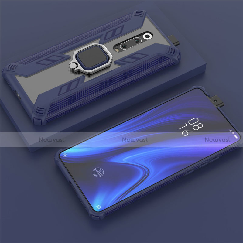 Silicone Matte Finish and Plastic Back Cover Case with Magnetic Finger Ring Stand R03 for Xiaomi Mi 9T