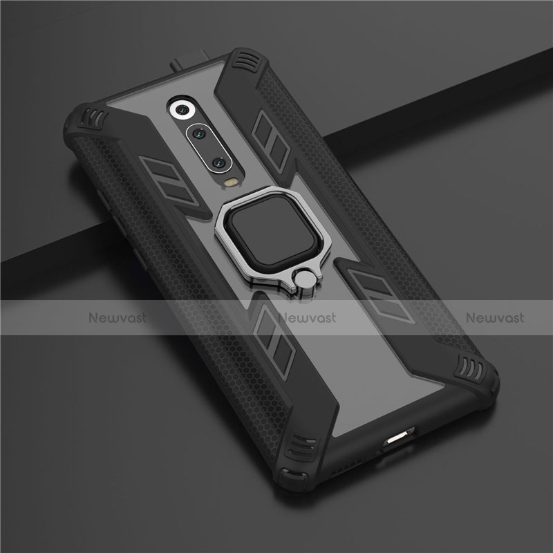 Silicone Matte Finish and Plastic Back Cover Case with Magnetic Finger Ring Stand R03 for Xiaomi Mi 9T