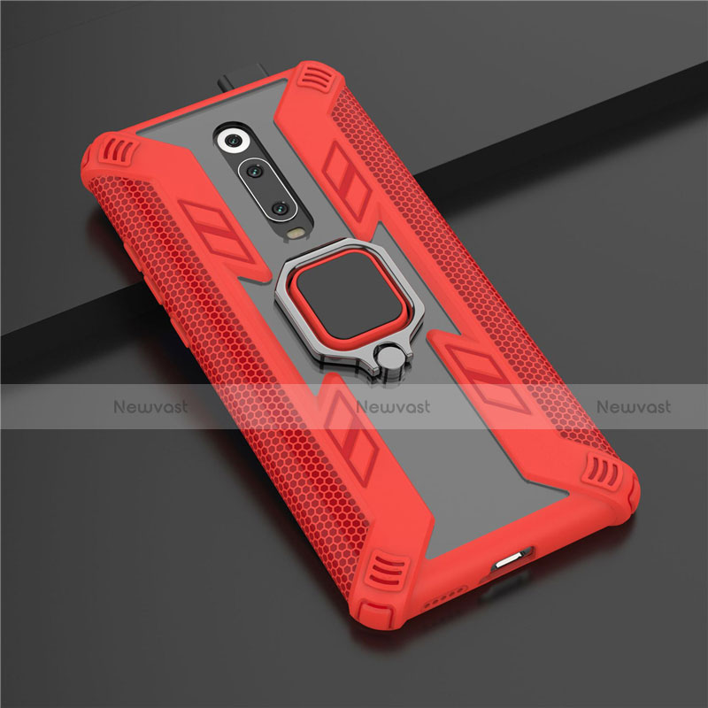 Silicone Matte Finish and Plastic Back Cover Case with Magnetic Finger Ring Stand R03 for Xiaomi Mi 9T