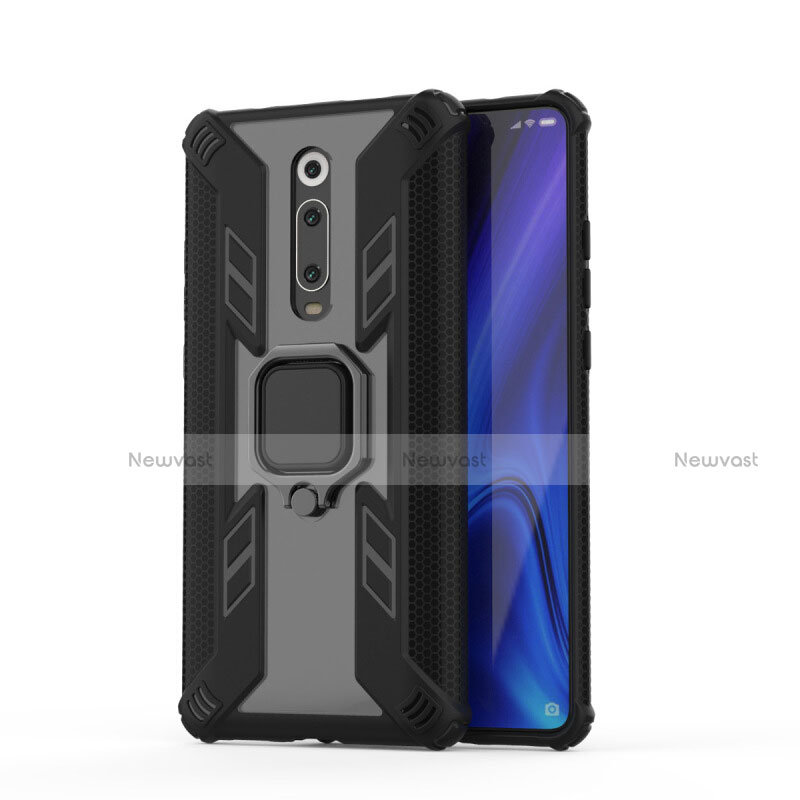 Silicone Matte Finish and Plastic Back Cover Case with Magnetic Finger Ring Stand R03 for Xiaomi Mi 9T Black