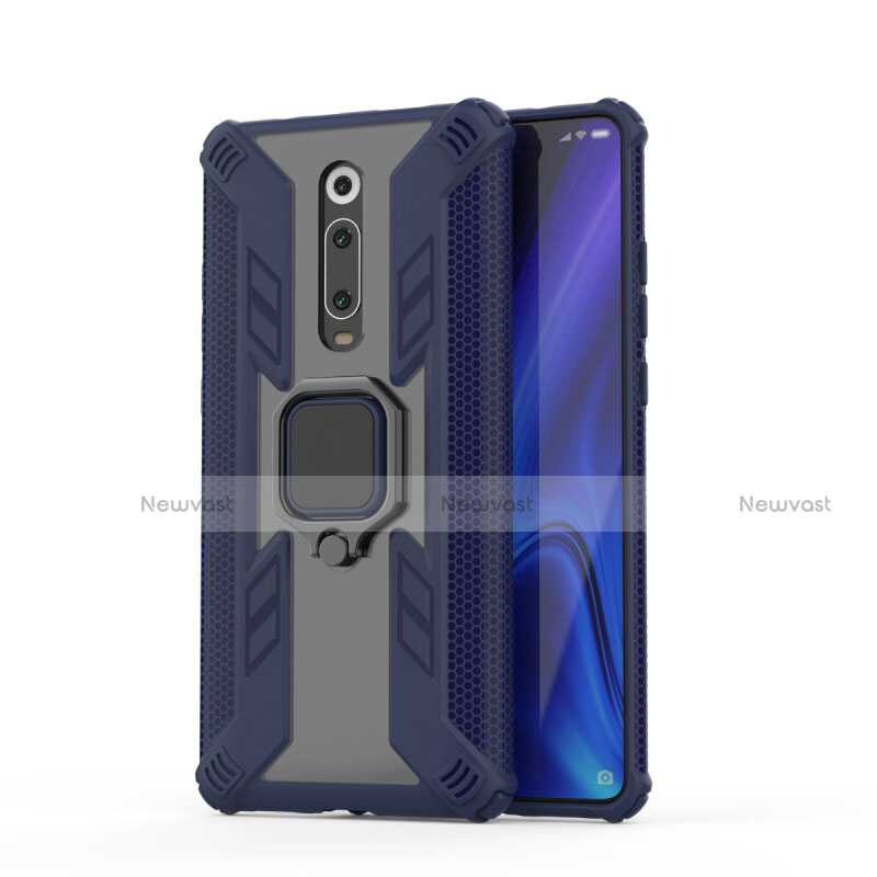 Silicone Matte Finish and Plastic Back Cover Case with Magnetic Finger Ring Stand R03 for Xiaomi Mi 9T Blue