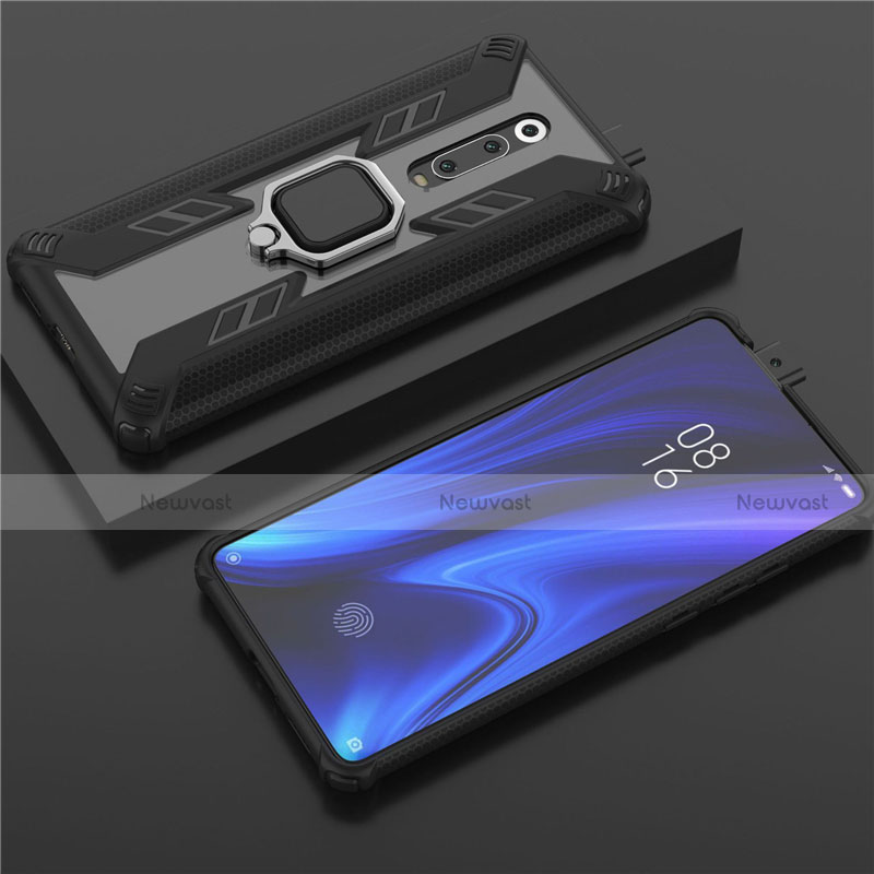 Silicone Matte Finish and Plastic Back Cover Case with Magnetic Finger Ring Stand R03 for Xiaomi Mi 9T Pro