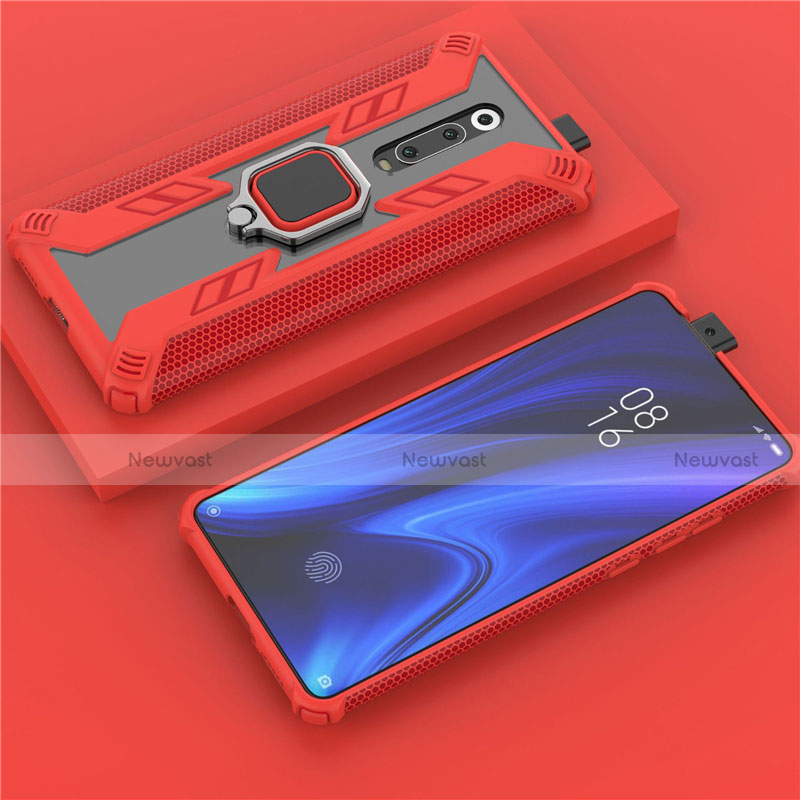 Silicone Matte Finish and Plastic Back Cover Case with Magnetic Finger Ring Stand R03 for Xiaomi Mi 9T Pro