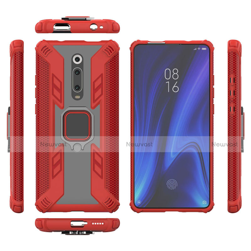 Silicone Matte Finish and Plastic Back Cover Case with Magnetic Finger Ring Stand R03 for Xiaomi Mi 9T Pro