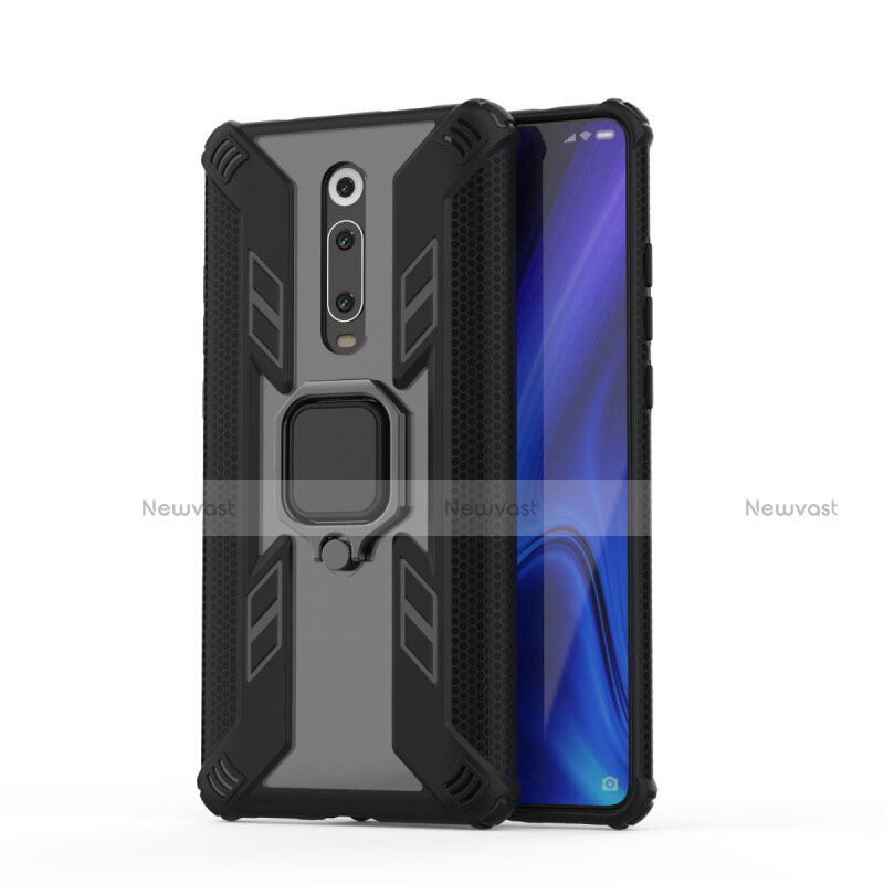 Silicone Matte Finish and Plastic Back Cover Case with Magnetic Finger Ring Stand R03 for Xiaomi Mi 9T Pro Black