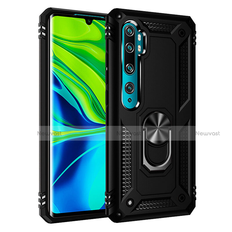Silicone Matte Finish and Plastic Back Cover Case with Magnetic Finger Ring Stand R03 for Xiaomi Mi Note 10 Black