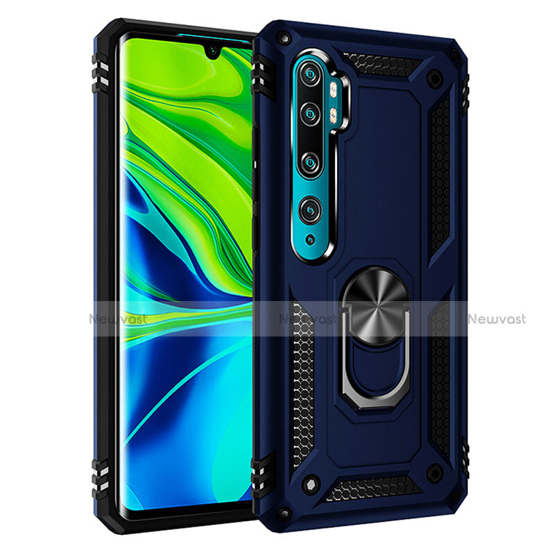 Silicone Matte Finish and Plastic Back Cover Case with Magnetic Finger Ring Stand R03 for Xiaomi Mi Note 10 Blue