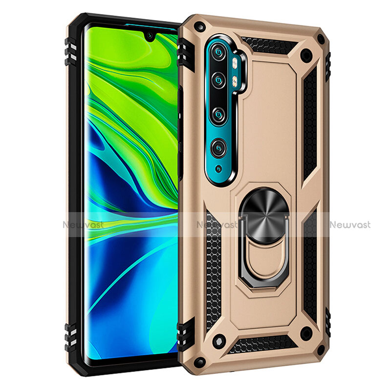 Silicone Matte Finish and Plastic Back Cover Case with Magnetic Finger Ring Stand R03 for Xiaomi Mi Note 10 Gold