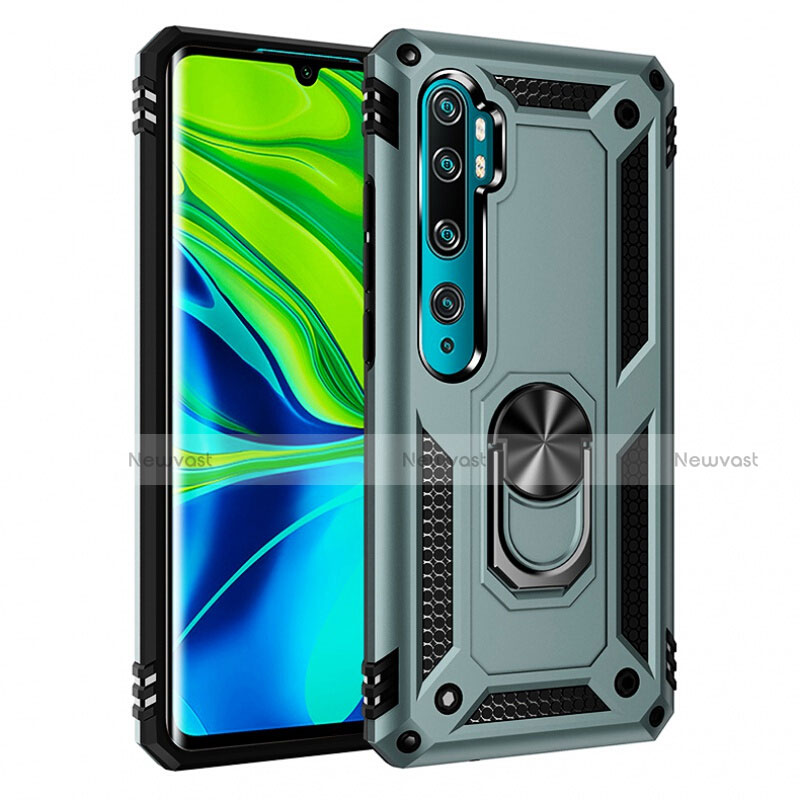 Silicone Matte Finish and Plastic Back Cover Case with Magnetic Finger Ring Stand R03 for Xiaomi Mi Note 10 Green