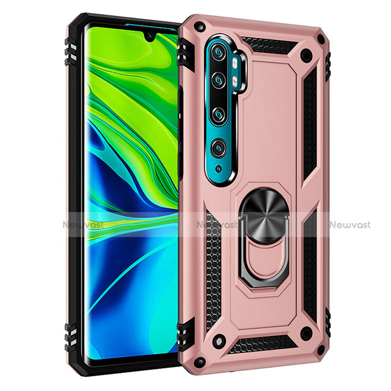 Silicone Matte Finish and Plastic Back Cover Case with Magnetic Finger Ring Stand R03 for Xiaomi Mi Note 10 Pro