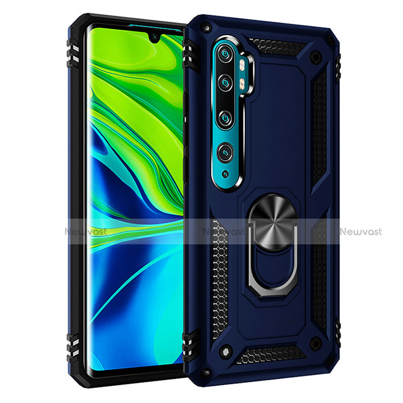 Silicone Matte Finish and Plastic Back Cover Case with Magnetic Finger Ring Stand R03 for Xiaomi Mi Note 10 Pro Blue