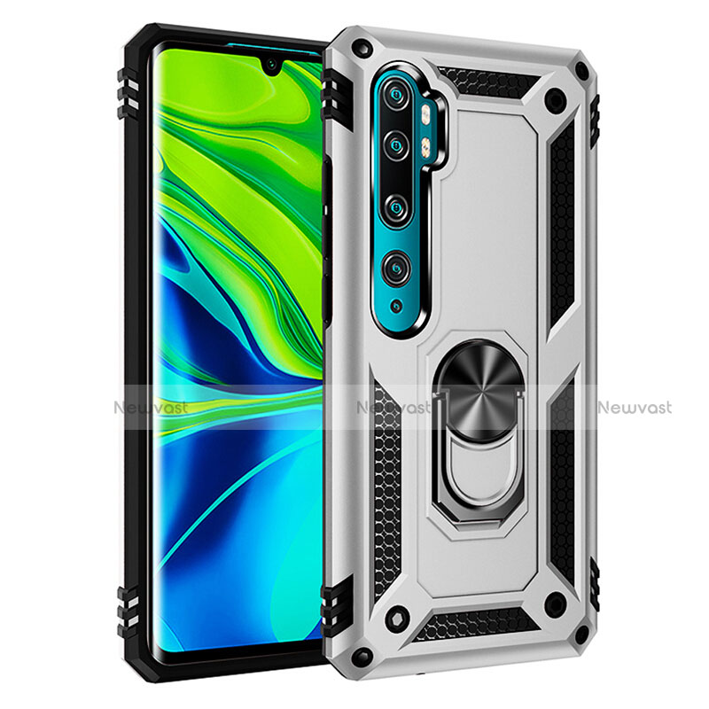 Silicone Matte Finish and Plastic Back Cover Case with Magnetic Finger Ring Stand R03 for Xiaomi Mi Note 10 Pro Silver