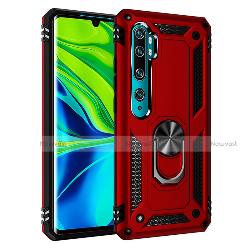 Silicone Matte Finish and Plastic Back Cover Case with Magnetic Finger Ring Stand R03 for Xiaomi Mi Note 10 Red