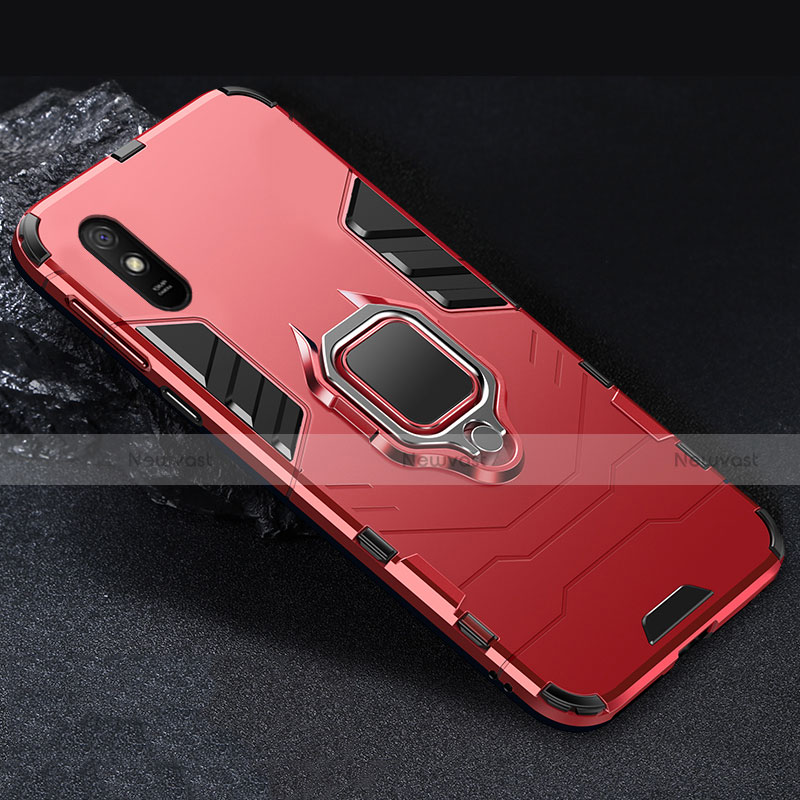 Silicone Matte Finish and Plastic Back Cover Case with Magnetic Finger Ring Stand R03 for Xiaomi Redmi 9i