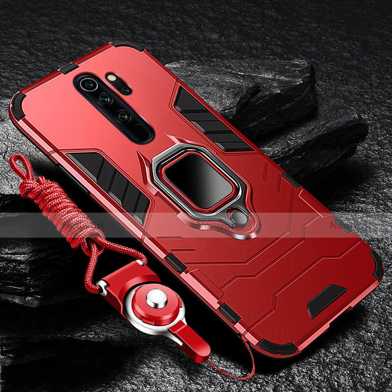 Silicone Matte Finish and Plastic Back Cover Case with Magnetic Finger Ring Stand R03 for Xiaomi Redmi Note 8 Pro