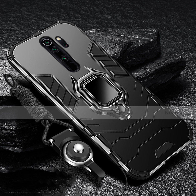 Silicone Matte Finish and Plastic Back Cover Case with Magnetic Finger Ring Stand R03 for Xiaomi Redmi Note 8 Pro Black