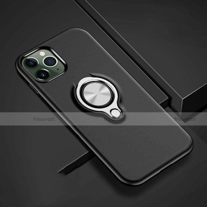 Silicone Matte Finish and Plastic Back Cover Case with Magnetic Finger Ring Stand R04 for Apple iPhone 11 Pro Max Black
