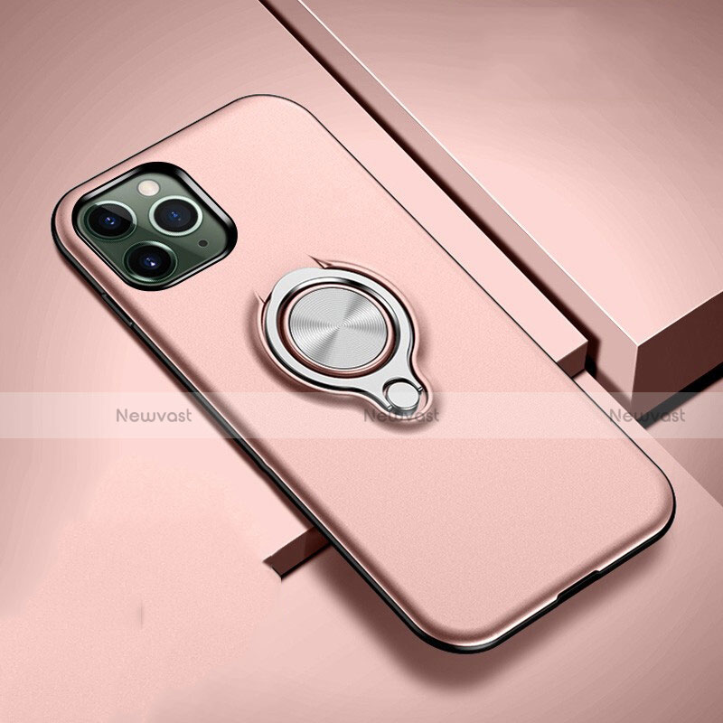 Silicone Matte Finish and Plastic Back Cover Case with Magnetic Finger Ring Stand R04 for Apple iPhone 11 Pro Max Rose Gold