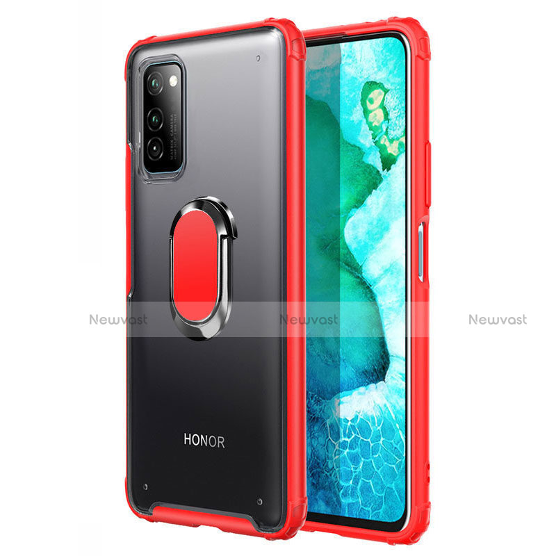 Silicone Matte Finish and Plastic Back Cover Case with Magnetic Finger Ring Stand R04 for Huawei Honor V30 5G