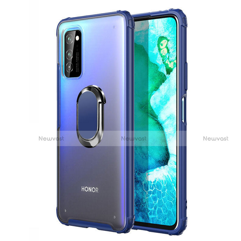 Silicone Matte Finish and Plastic Back Cover Case with Magnetic Finger Ring Stand R04 for Huawei Honor View 30 Pro 5G Blue