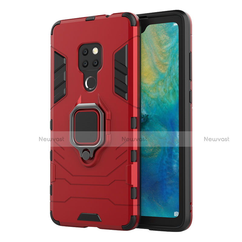 Silicone Matte Finish and Plastic Back Cover Case with Magnetic Finger Ring Stand R04 for Huawei Mate 20 Red