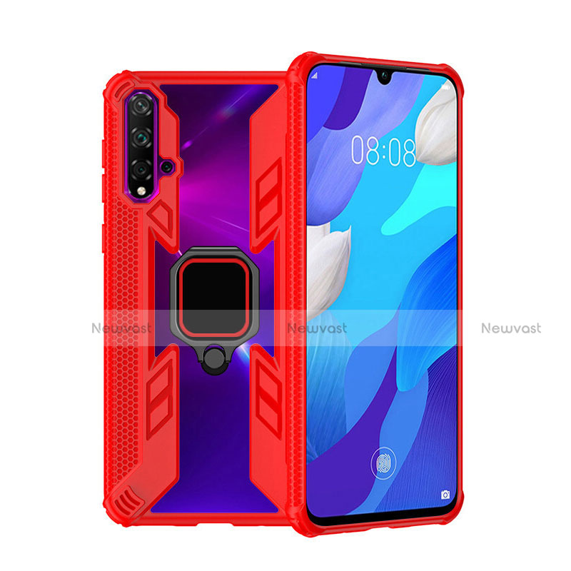 Silicone Matte Finish and Plastic Back Cover Case with Magnetic Finger Ring Stand R04 for Huawei Nova 5 Pro