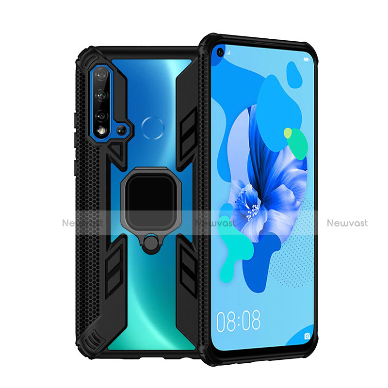 Silicone Matte Finish and Plastic Back Cover Case with Magnetic Finger Ring Stand R04 for Huawei Nova 5i