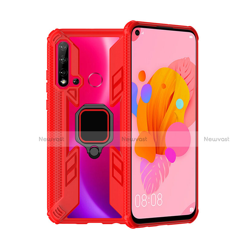 Silicone Matte Finish and Plastic Back Cover Case with Magnetic Finger Ring Stand R04 for Huawei Nova 5i
