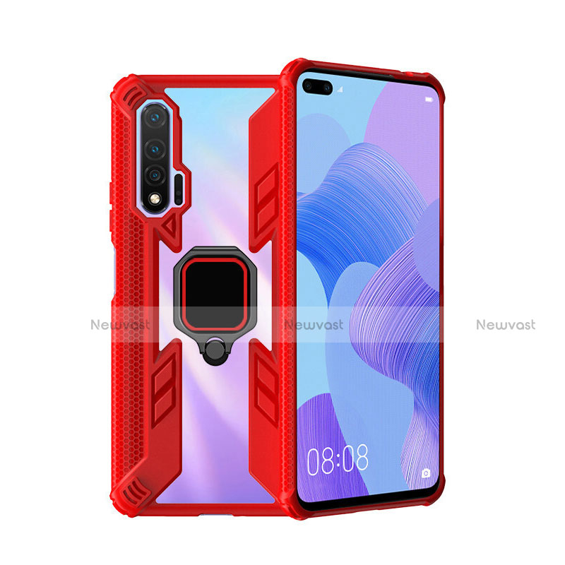 Silicone Matte Finish and Plastic Back Cover Case with Magnetic Finger Ring Stand R04 for Huawei Nova 6