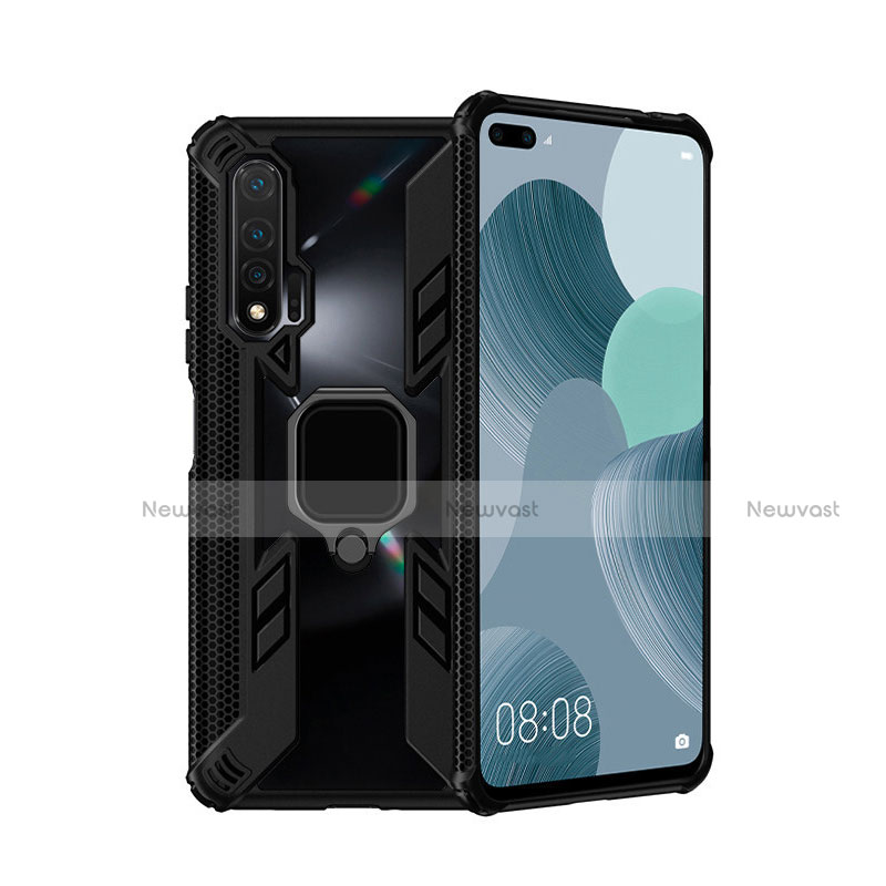 Silicone Matte Finish and Plastic Back Cover Case with Magnetic Finger Ring Stand R04 for Huawei Nova 6 5G Black