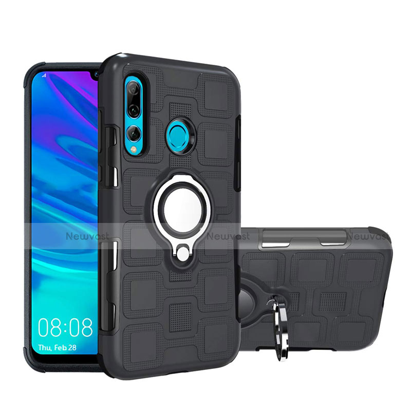 Silicone Matte Finish and Plastic Back Cover Case with Magnetic Finger Ring Stand R04 for Huawei P Smart+ Plus (2019) Black