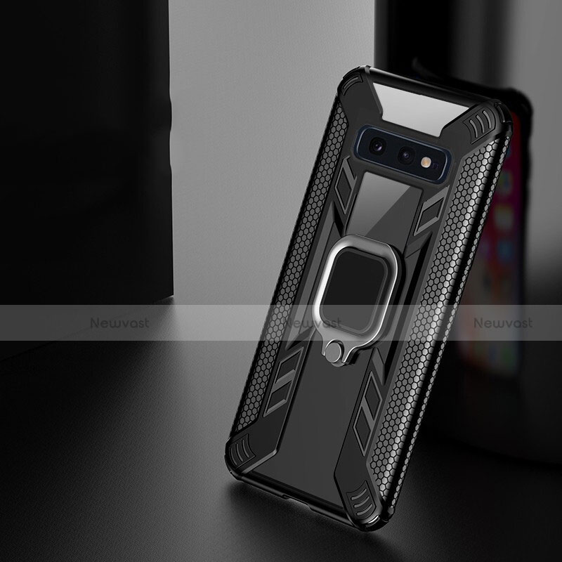 Silicone Matte Finish and Plastic Back Cover Case with Magnetic Finger Ring Stand R04 for Samsung Galaxy S10 Black