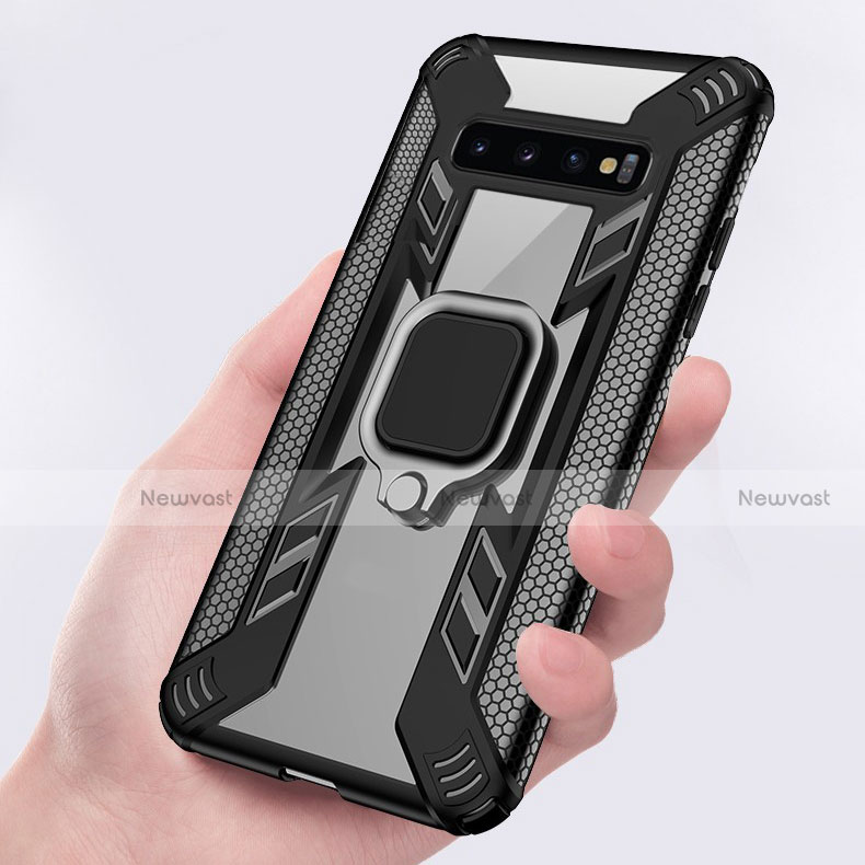 Silicone Matte Finish and Plastic Back Cover Case with Magnetic Finger Ring Stand R04 for Samsung Galaxy S10 Plus