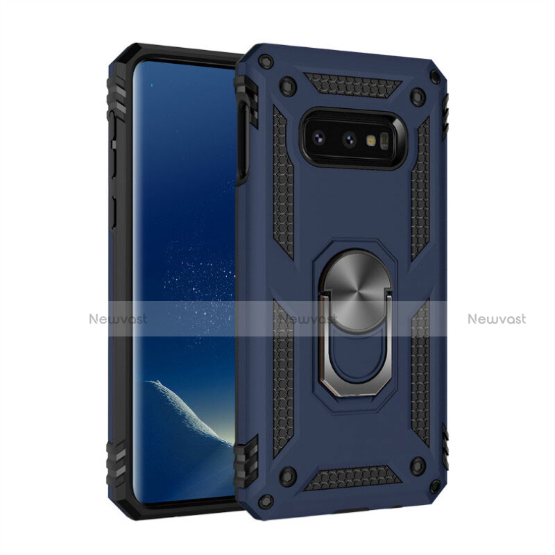 Silicone Matte Finish and Plastic Back Cover Case with Magnetic Finger Ring Stand R04 for Samsung Galaxy S10e Blue