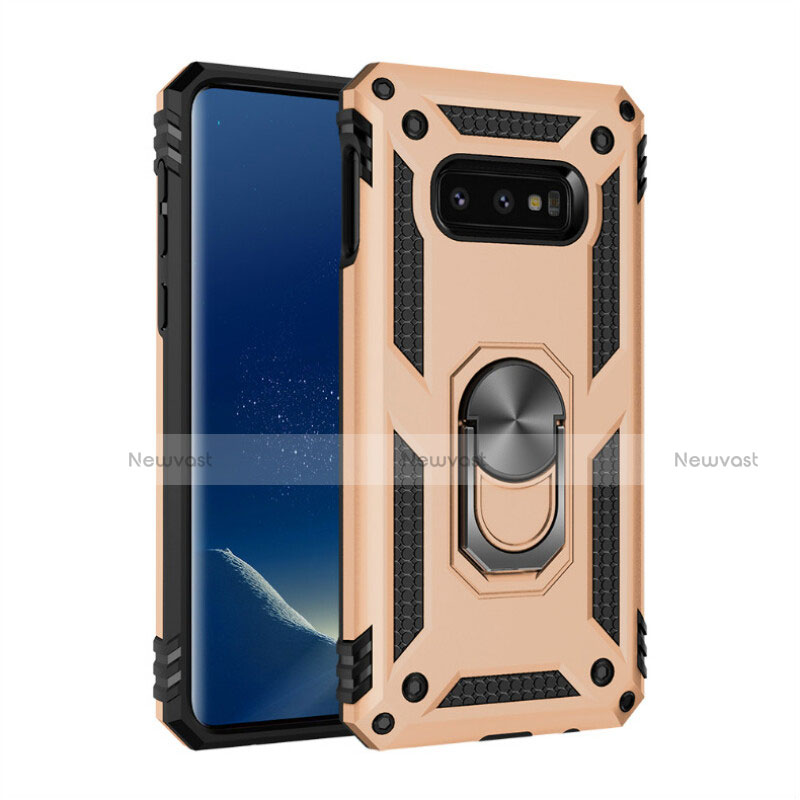 Silicone Matte Finish and Plastic Back Cover Case with Magnetic Finger Ring Stand R04 for Samsung Galaxy S10e Gold