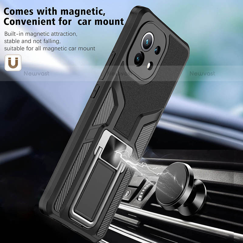 Silicone Matte Finish and Plastic Back Cover Case with Magnetic Finger Ring Stand R04 for Xiaomi Mi 11 5G