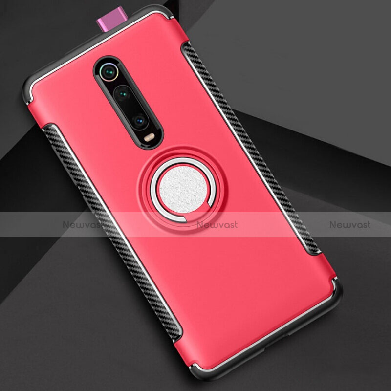 Silicone Matte Finish and Plastic Back Cover Case with Magnetic Finger Ring Stand R04 for Xiaomi Mi 9T
