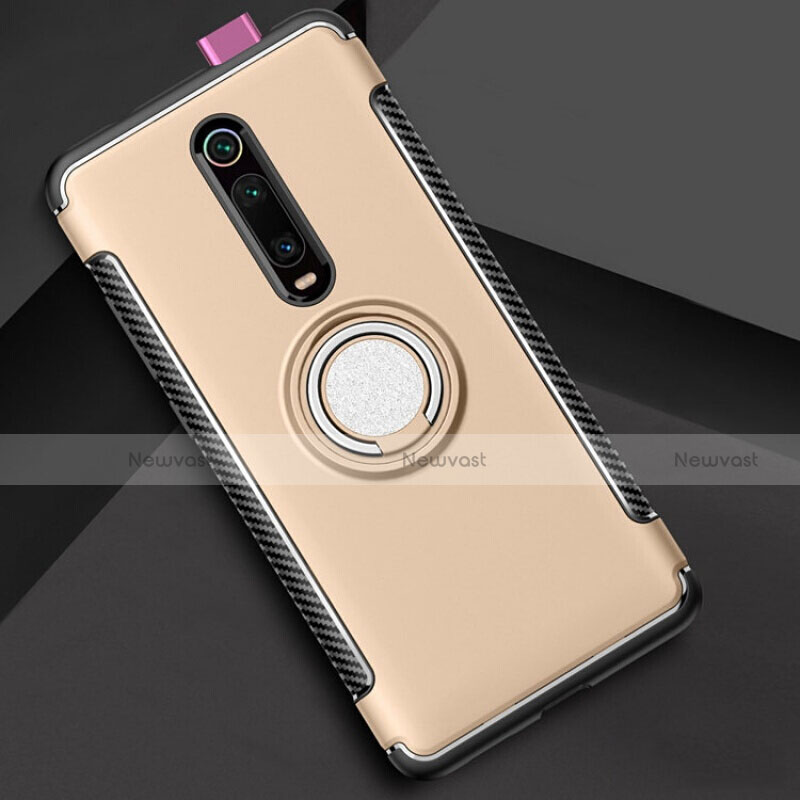 Silicone Matte Finish and Plastic Back Cover Case with Magnetic Finger Ring Stand R04 for Xiaomi Mi 9T