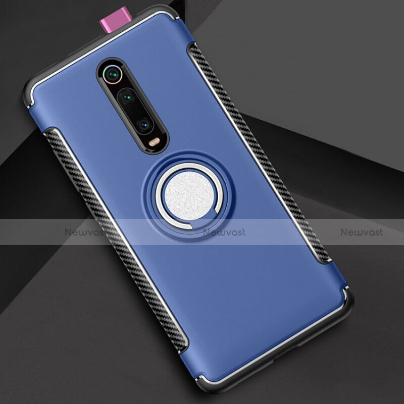 Silicone Matte Finish and Plastic Back Cover Case with Magnetic Finger Ring Stand R04 for Xiaomi Mi 9T