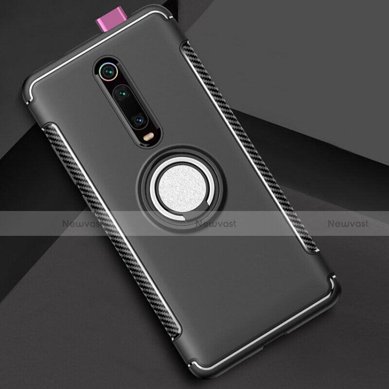 Silicone Matte Finish and Plastic Back Cover Case with Magnetic Finger Ring Stand R04 for Xiaomi Mi 9T Black