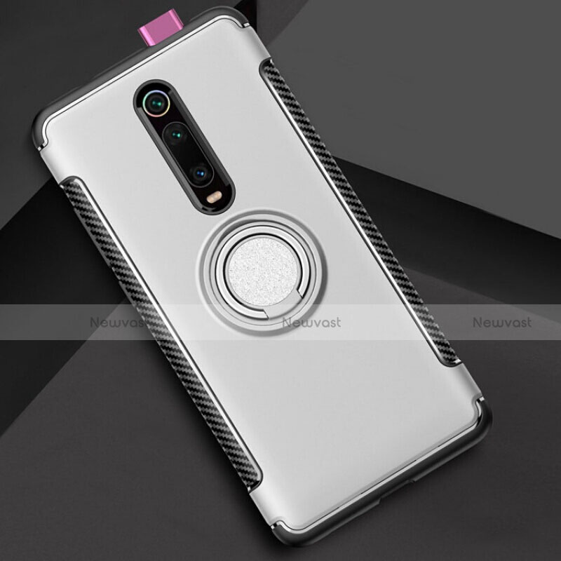 Silicone Matte Finish and Plastic Back Cover Case with Magnetic Finger Ring Stand R04 for Xiaomi Mi 9T Pro