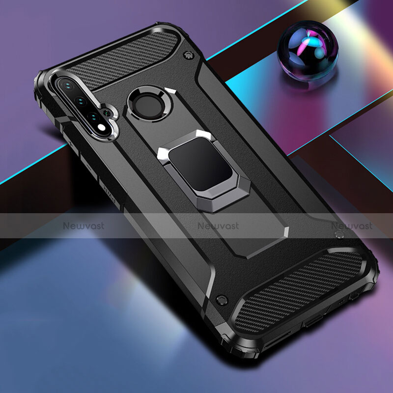 Silicone Matte Finish and Plastic Back Cover Case with Magnetic Finger Ring Stand R05 for Huawei Nova 5i
