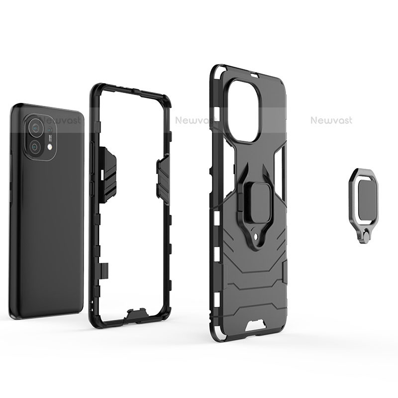 Silicone Matte Finish and Plastic Back Cover Case with Magnetic Finger Ring Stand R05 for Xiaomi Mi 11 5G