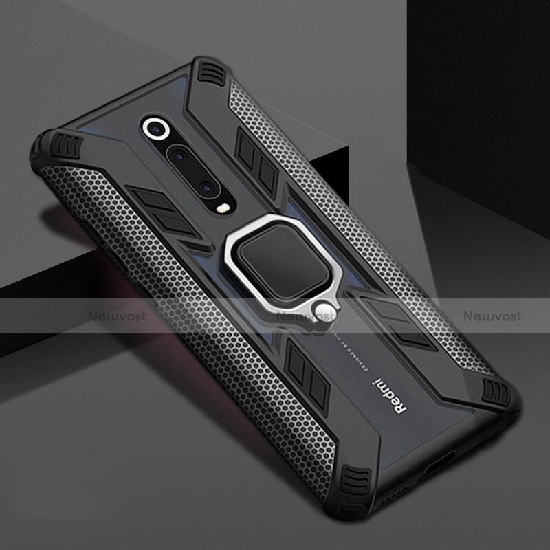 Silicone Matte Finish and Plastic Back Cover Case with Magnetic Finger Ring Stand R05 for Xiaomi Mi 9T Black