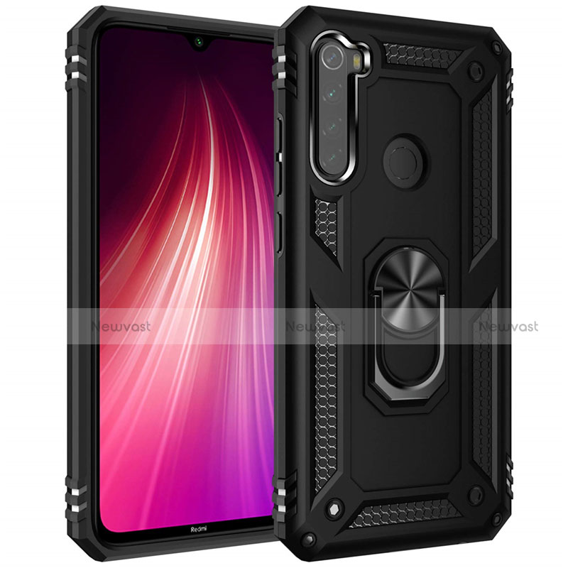 Silicone Matte Finish and Plastic Back Cover Case with Magnetic Finger Ring Stand R05 for Xiaomi Redmi Note 8 (2021) Black
