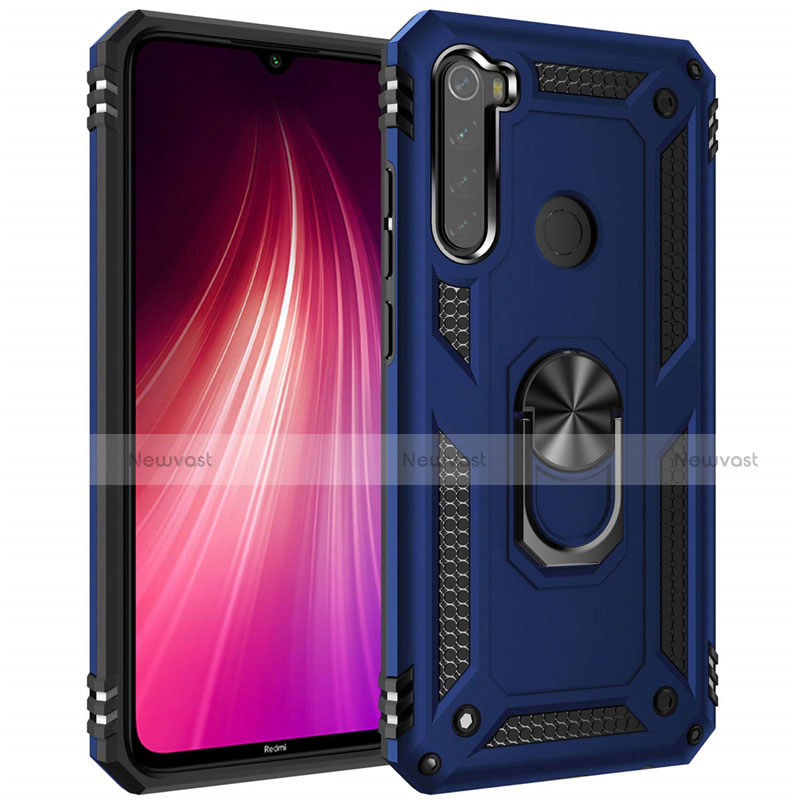 Silicone Matte Finish and Plastic Back Cover Case with Magnetic Finger Ring Stand R05 for Xiaomi Redmi Note 8 (2021) Blue